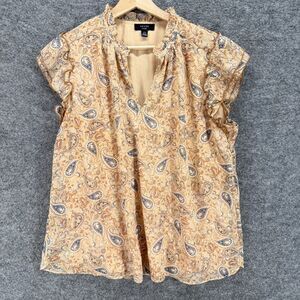 Haver Blouse Women XL Beige Paisley V-Neck Short Sleeve Lined Pullover Casual